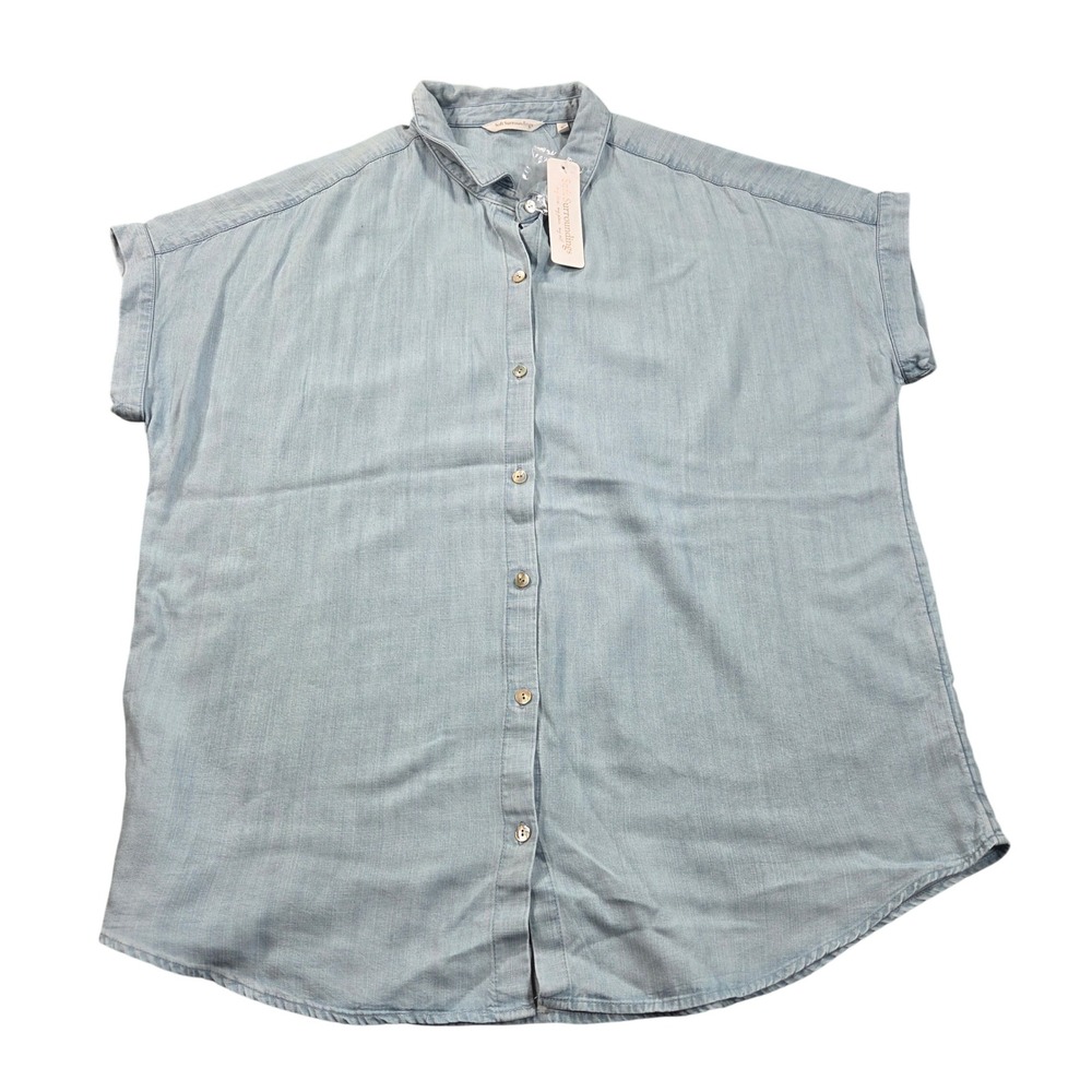 Soft Surroundings Shirt Womens XL Blue Tencel Lyocell Short Sleeve Button Down